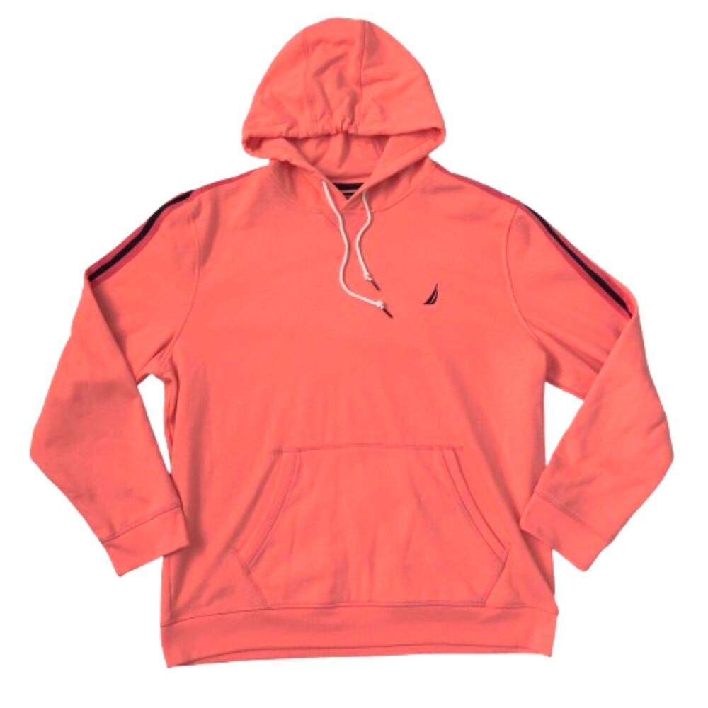 Nautica Mens XXL Coral Pink Fleece Hoodie Sweatshirt Sleeve Stripes Sailboat 2XL